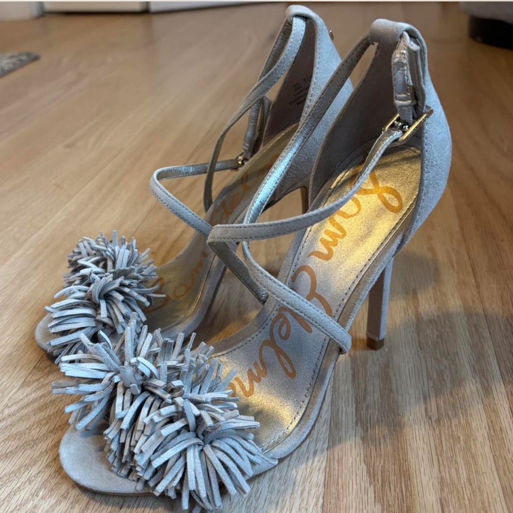 Sam Edelman Light Gray Fringe Suede Strappy High Heels